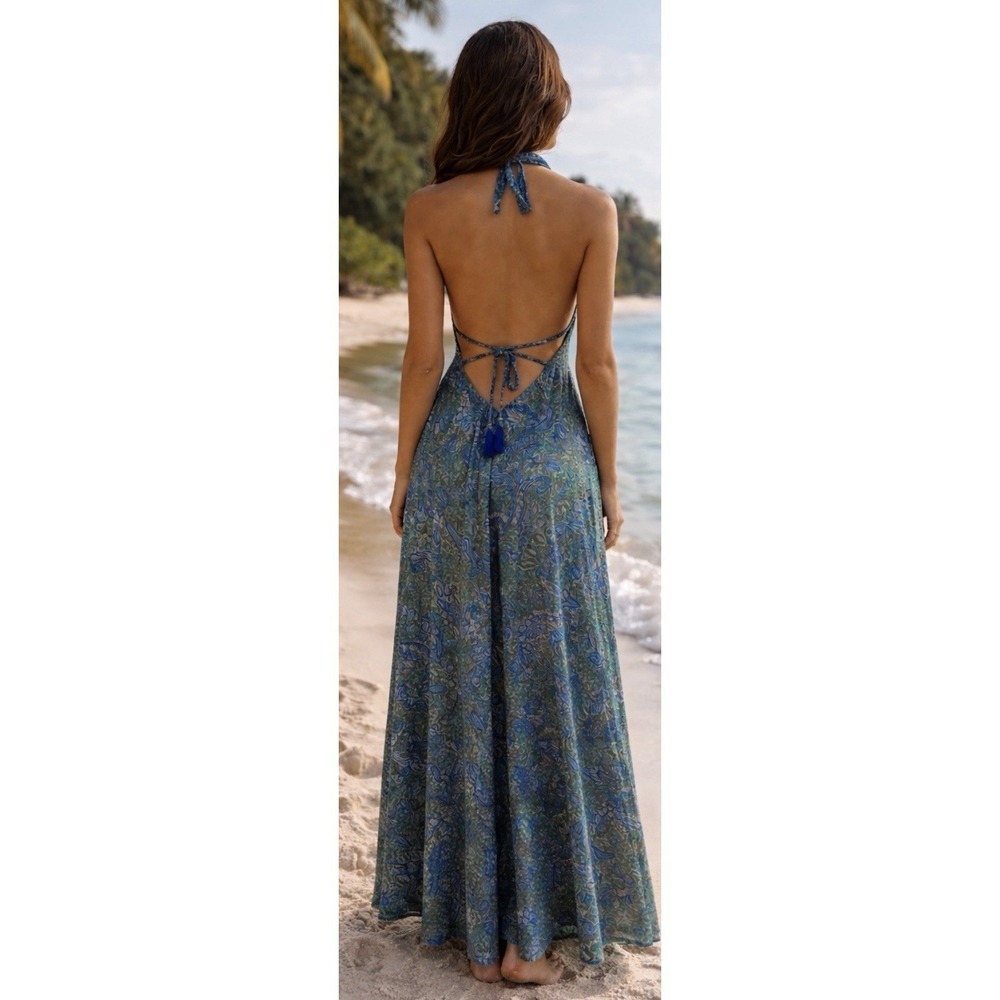 Bigg Bull Halter Maxidress Blue & Green Boho Flowy Small - Picture 2 of 6